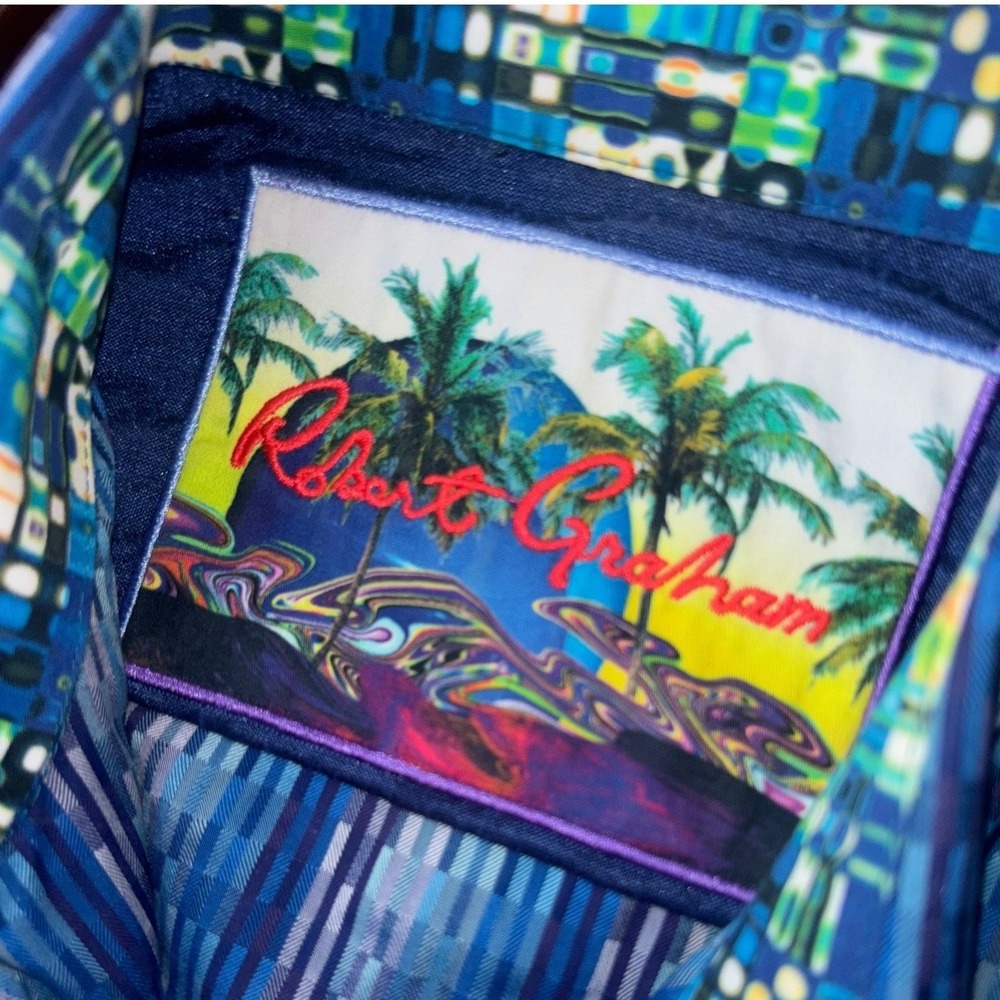 ROBERT GRAHAM Men Button Down Palm City Blue Tropical Shirt Short Sleeve Classic